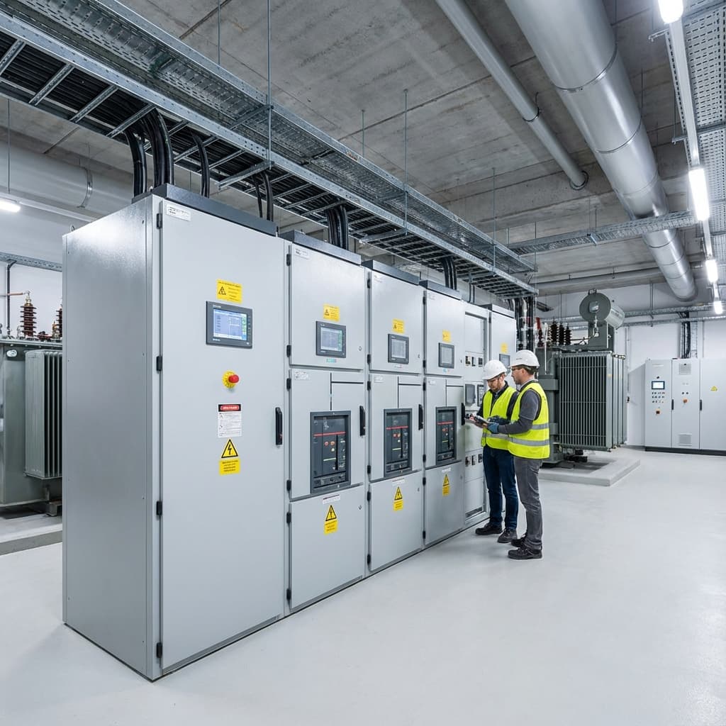 Engineers working on an electrical panel